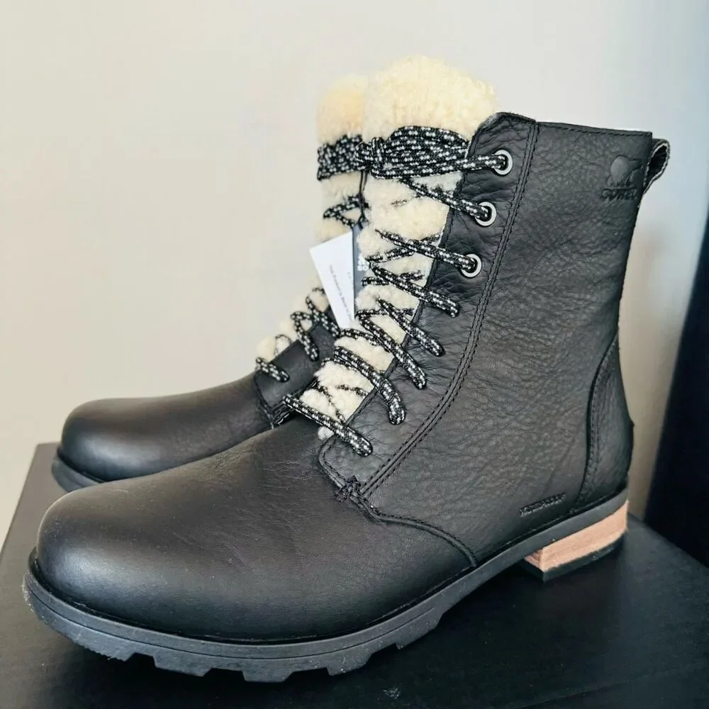 SOREL Emelie Genuine Shearling Lamb Fur Short Lace-Up Boot, Black, Size 9.5, NWT